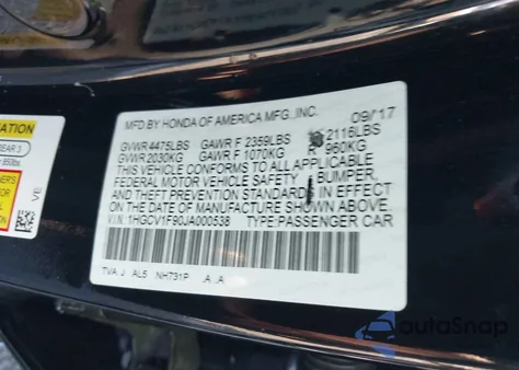 2018 Honda Accord Touring из США, поврежденный, VIN 1HGCV1F90JA000538